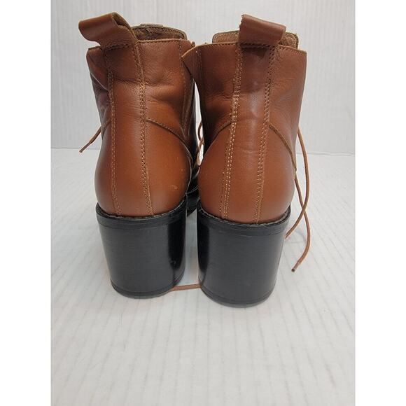 TopShop Booties Sz. 37 6.5 Chunky Heel Cutout Ankle Boots Leather Tan Lace Up - Picture 5 of 11